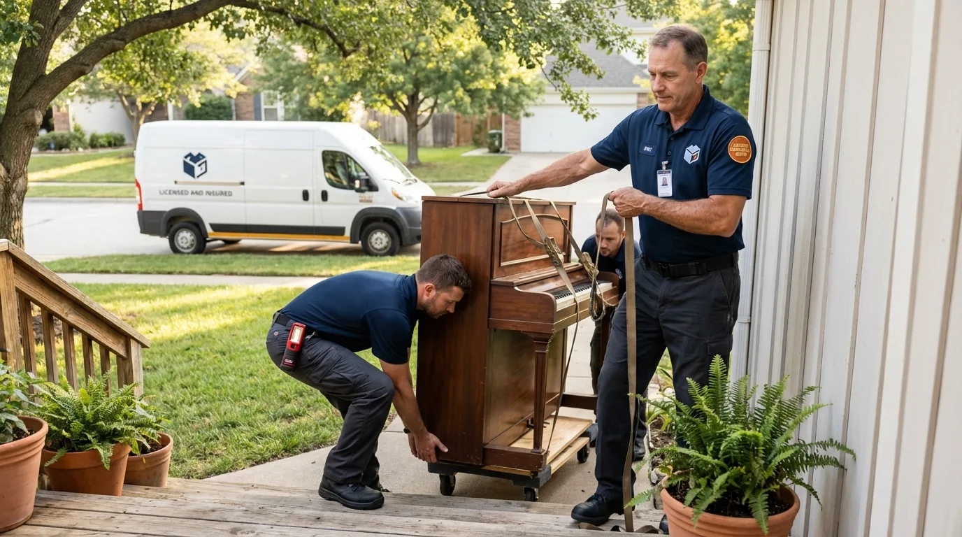 Licensed piano movers securing grand piano in New Castle, PA