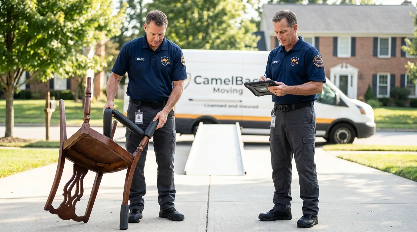 Movers inspecting furniture for damage prevention before loading in New Castle, PA