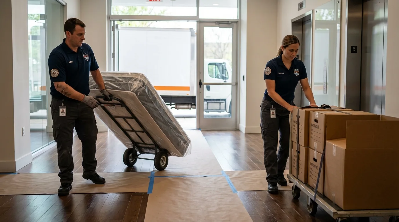 Professional apartment movers loading elevator in New Castle, PA